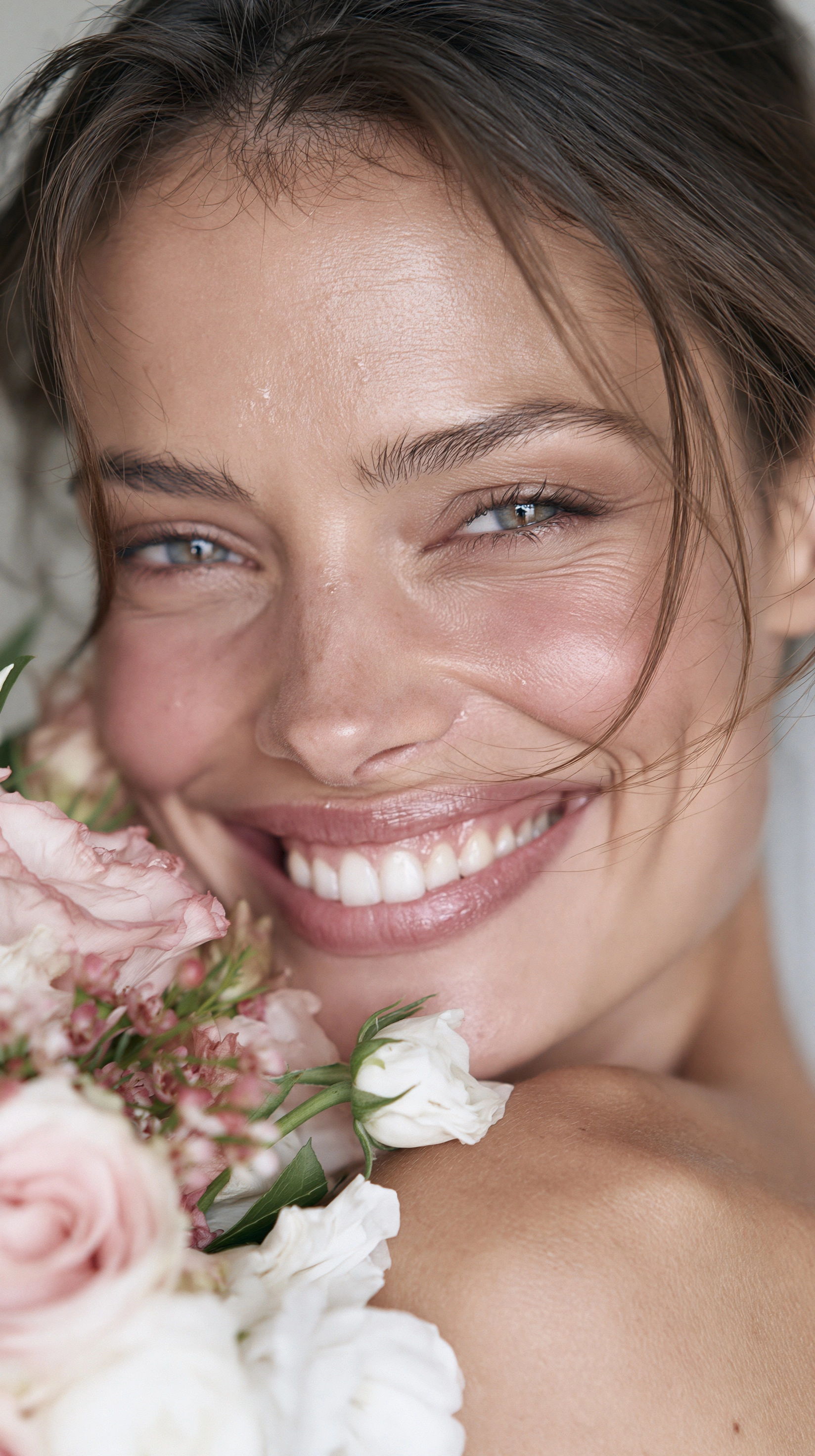 close up of an italian bride holding a bouquet of flowers beautiful smile with perfect white teeth h