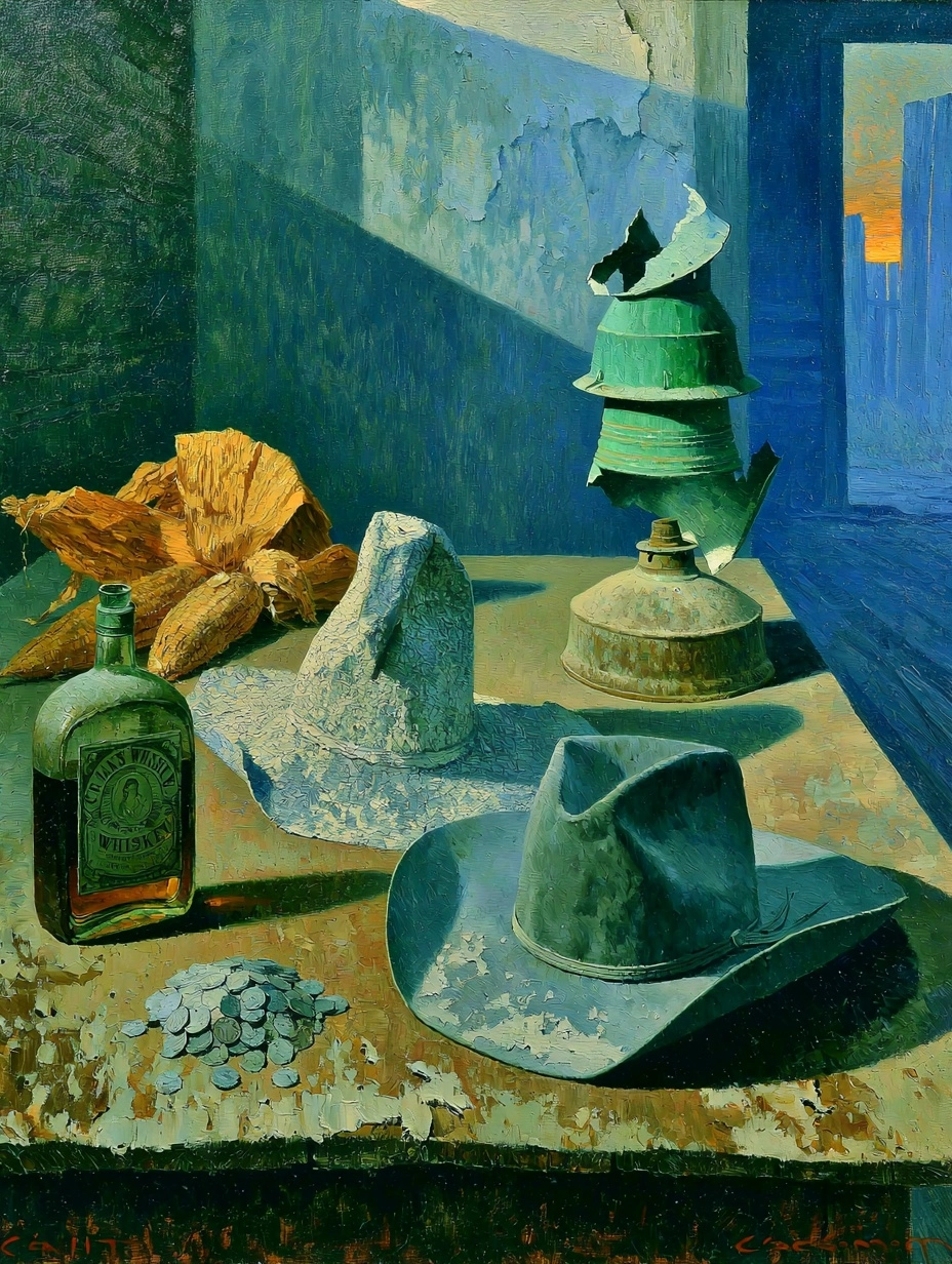 An atmospheric oil painting of a rustic farmhouse kitchen table, on which lie a broken lantern, fade