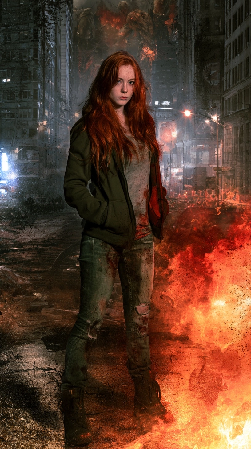 shot of a ginger woman in street clothes [standing in city street during an invasion of mutant force