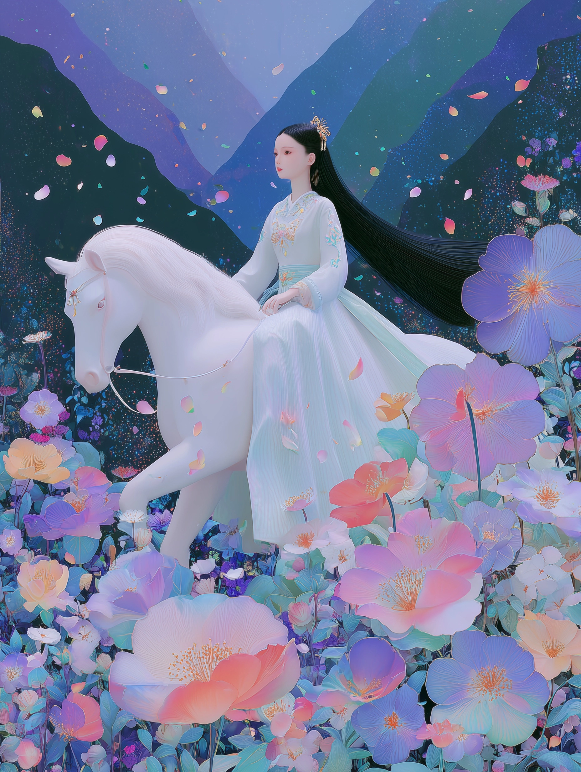 A beautiful young maiden riding a white horse through a forest full of blooming flowers, Chinese anc