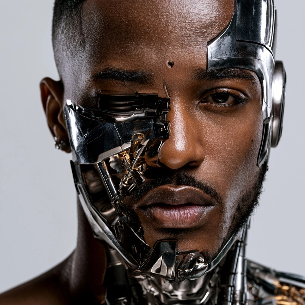 portrait of handsome African American man, the right portion of his face gradually replaced by integ