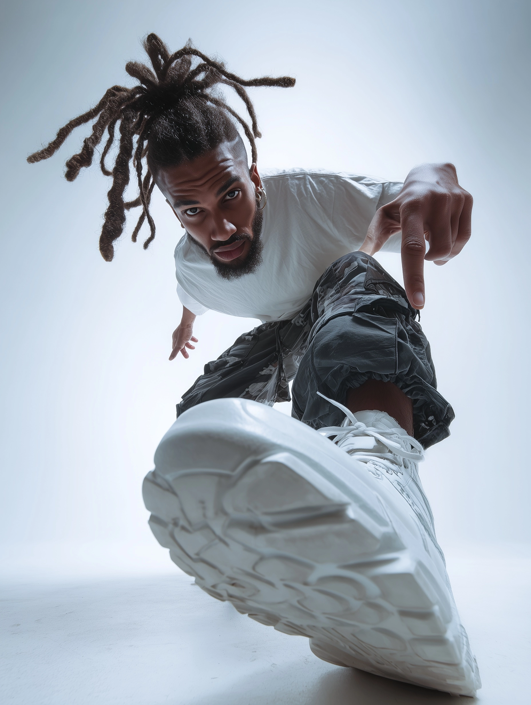 dynamic hip hop commercial scene, stylish black male rapper with trendy dreadlocks hairstyle, wearin