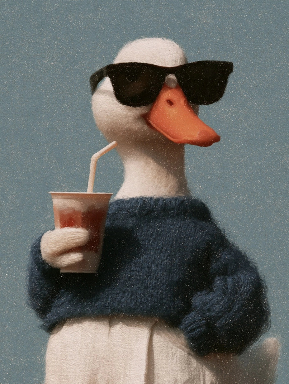 a cute textured digital painting of a duck dressed in human , including a blue sweater and white tro