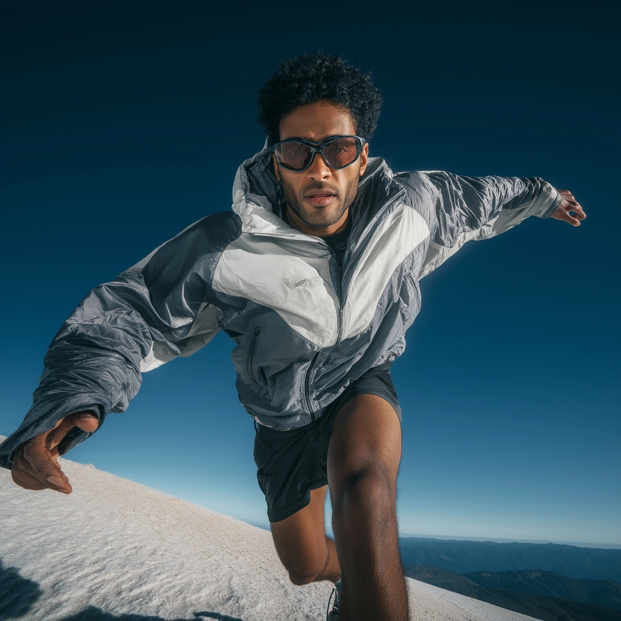 Brand fashion photography , A Indian sport model wearing a gray windbreaker jacket and black shorts 