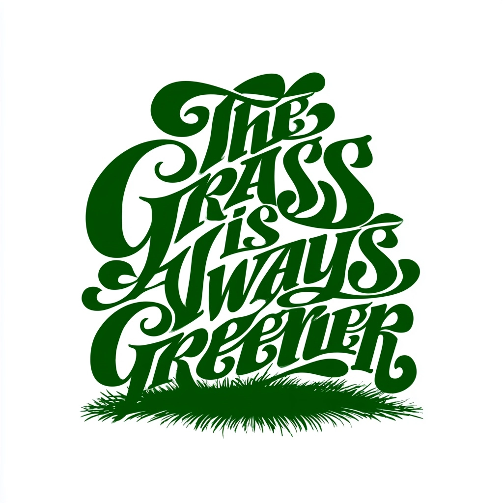 The Grass is Always Greener, custom hand lettered typography, vintage Woodstock poster aesthetic, gr