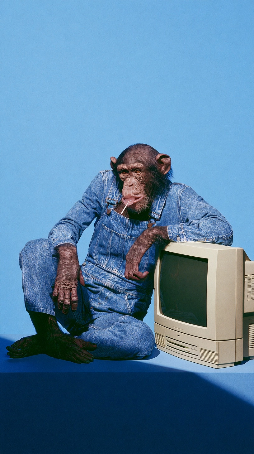 Highly realistic fashion editorial photography. A single chimpanzee wearing denim overalls, seated a