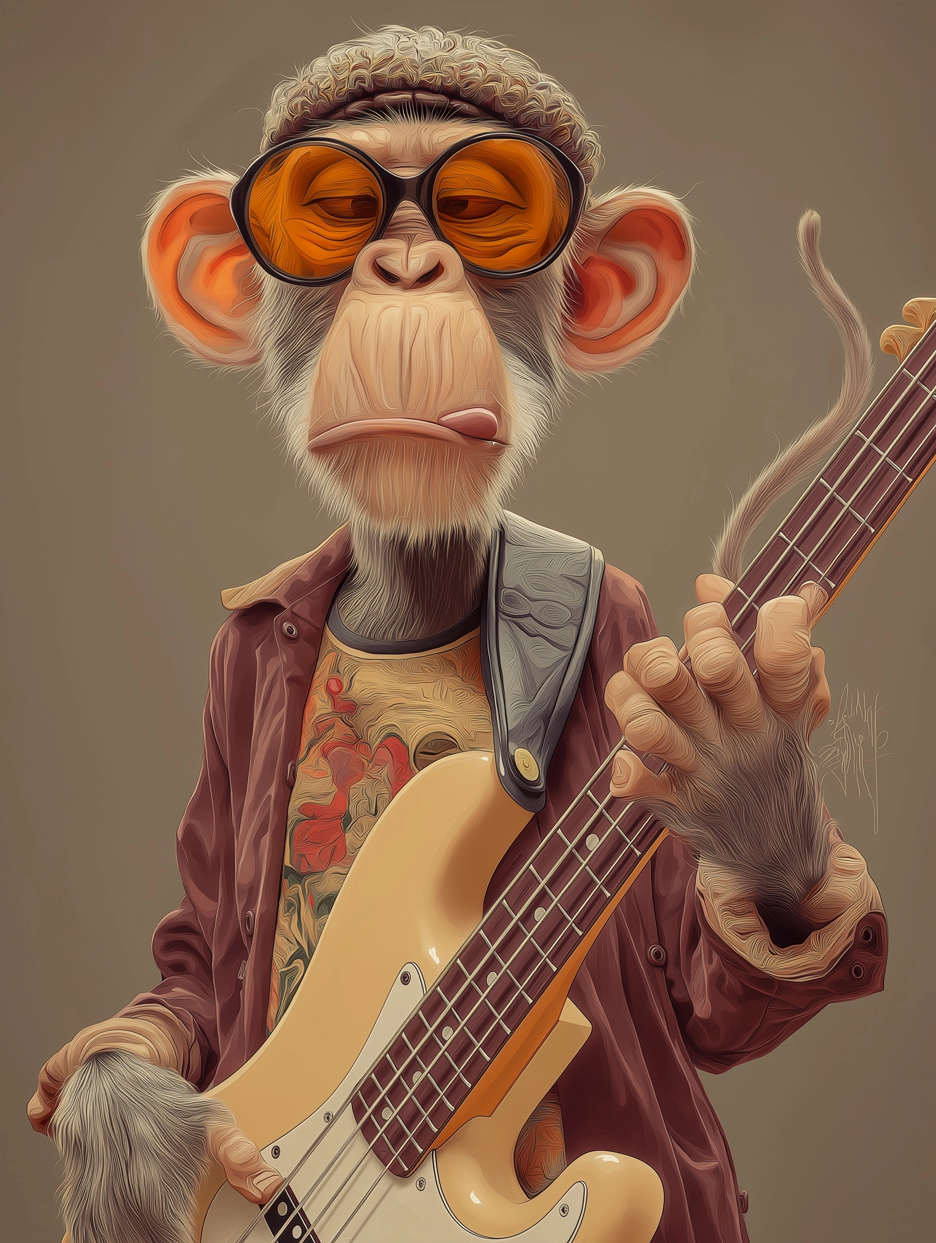 Monkey with electric bass guitar, funny, illustrated