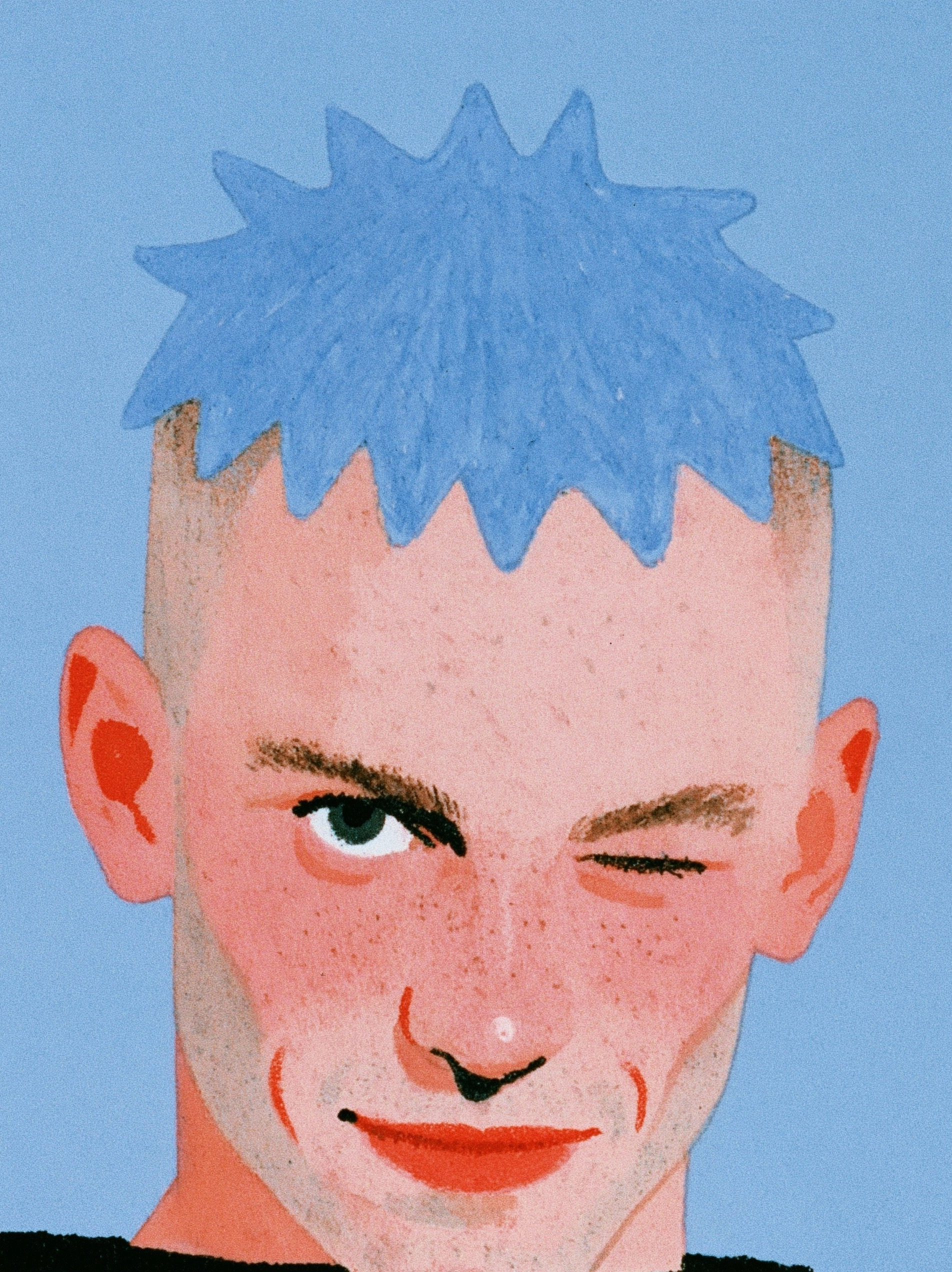 Poster. Illustration. blue hair young man looking front and winking illustration