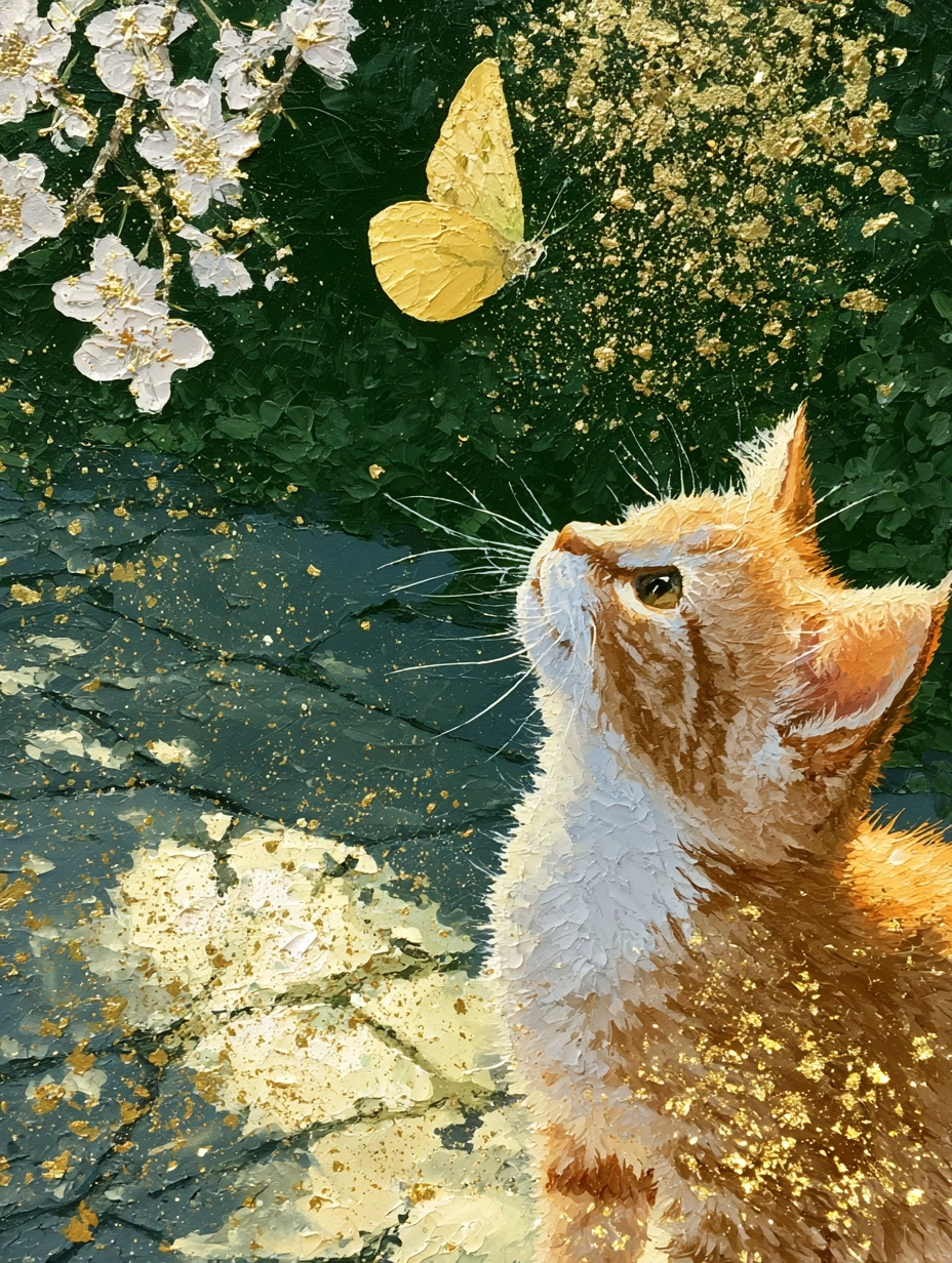 a textured impasto style painting featuring a cat gazing up at a yellow butterfly in flight. the kit