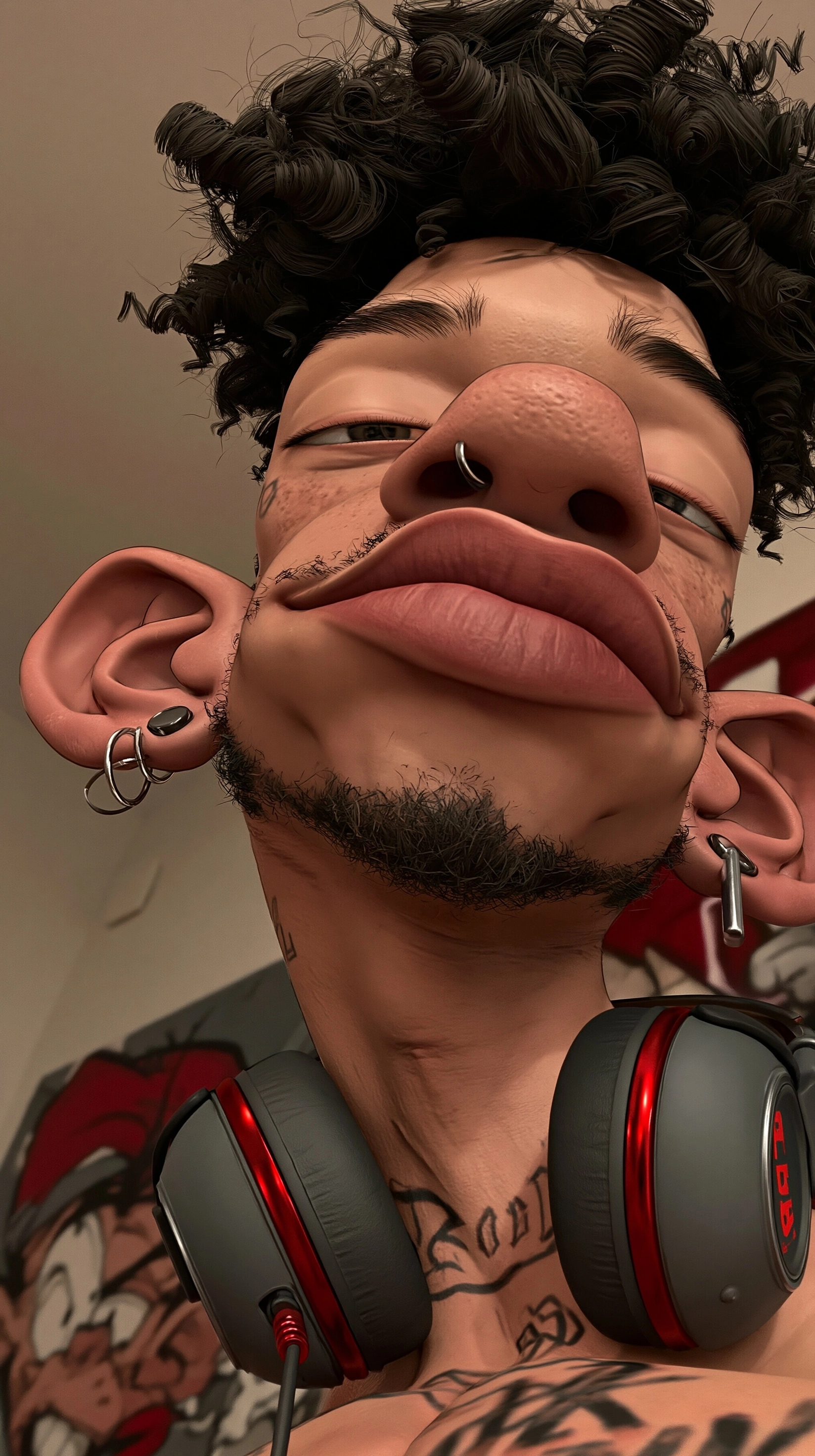 close-up portrait of a young mixed-race man with headphones around his neck, dreamy half-smile, cool