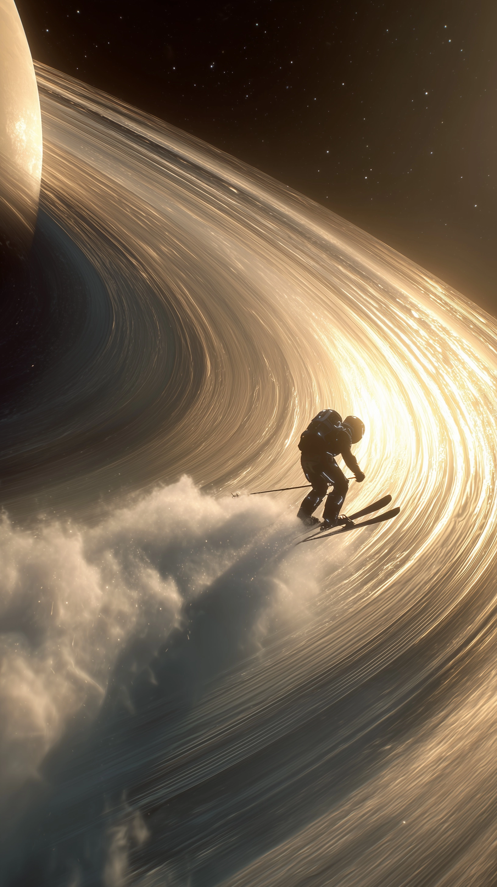 A cinematic wide shot of a futuristic skier skiing on the icy rings of Saturn, powder ice spraying, 