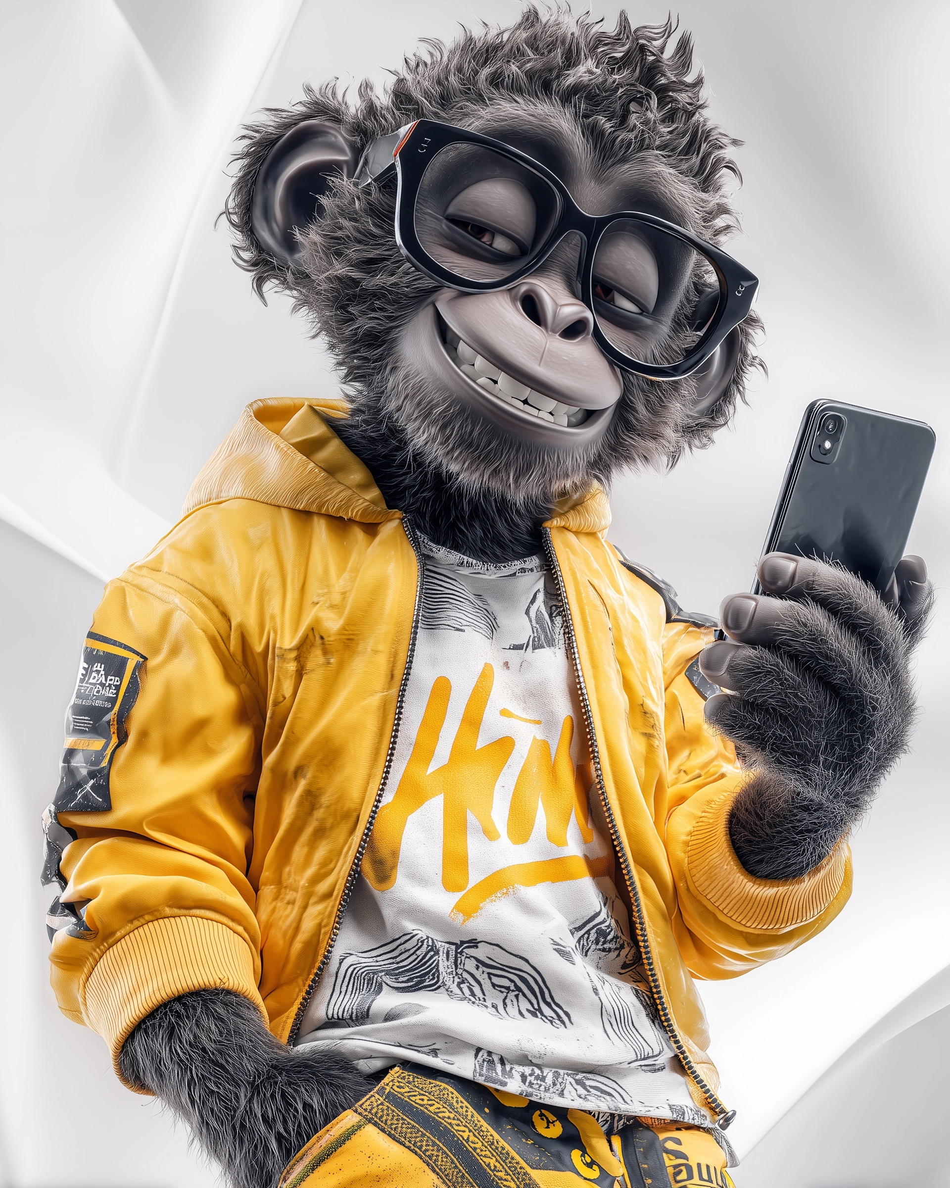 A realistic 3D render of a stylized black-furred monkey mascot with short dense fur and a cheerful e