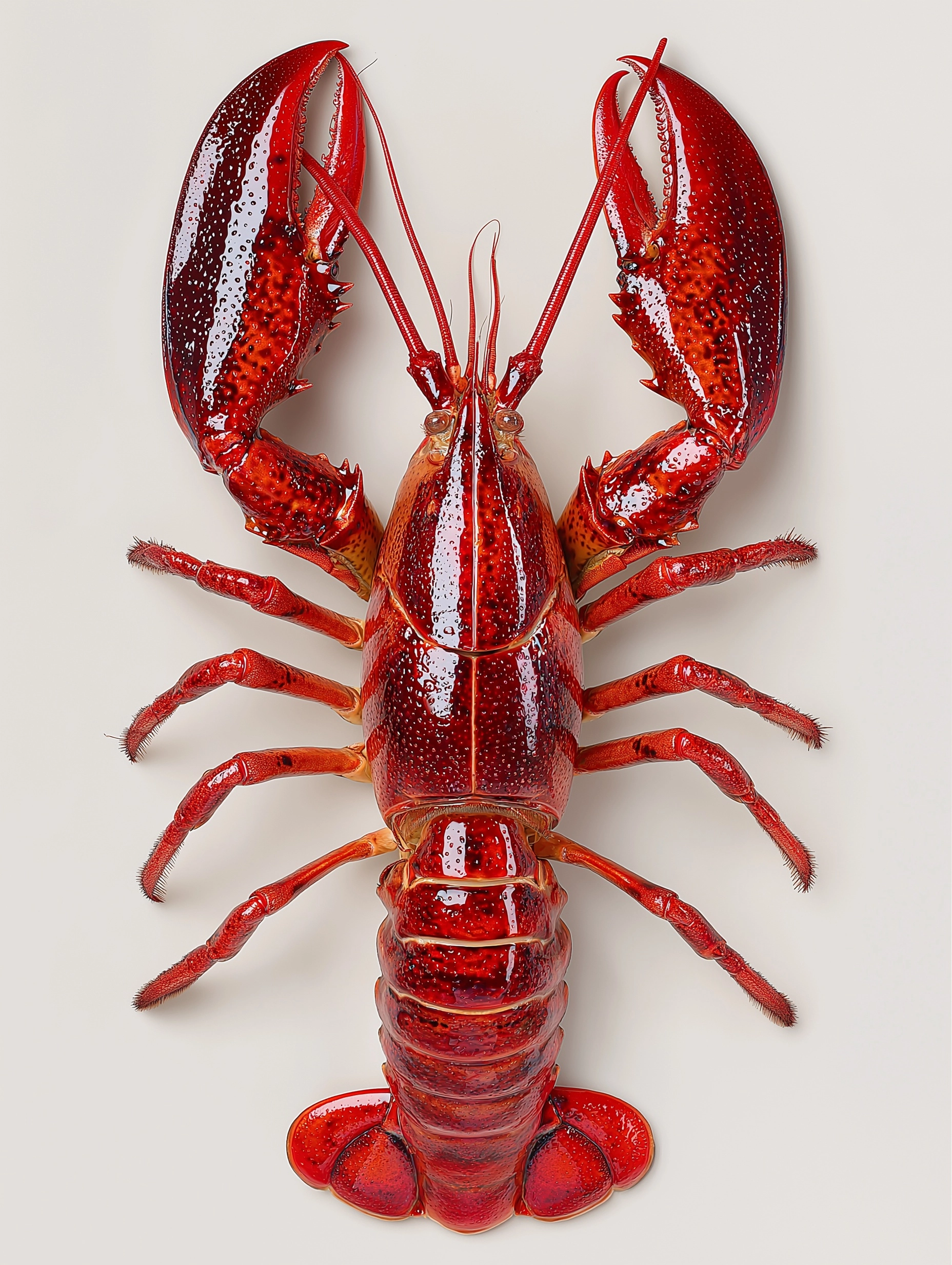 A show of a perfect looking lobsters from above. The lobster is hyper real and detailed, looking shi