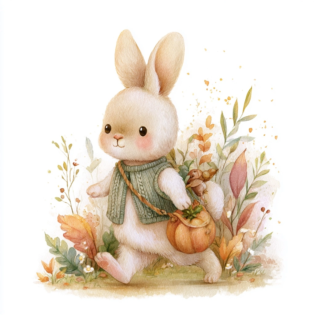 Delightful watercolor bunny wearing a tiny knitted vest and carrying a miniature pumpkin-shaped pouc
