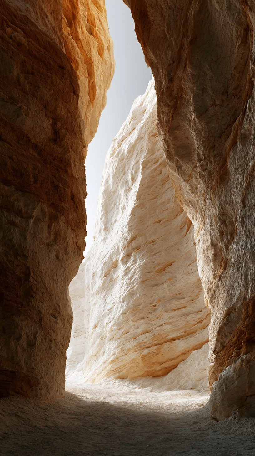 inside a giant canyon formed by delicate layers of apple pastila, towering textured walls, sunlight
