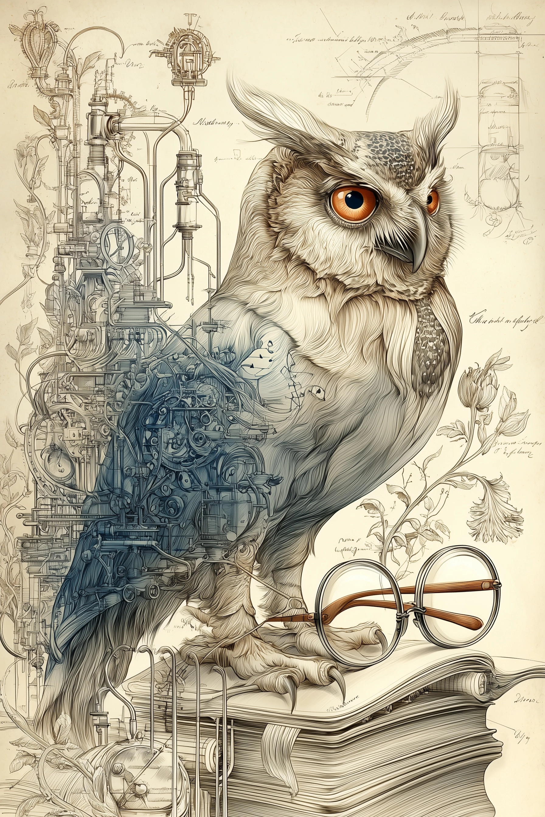 Dark academy book library, still lfe with book, owl, glasses, steampunk-inspired aesthetic with intr