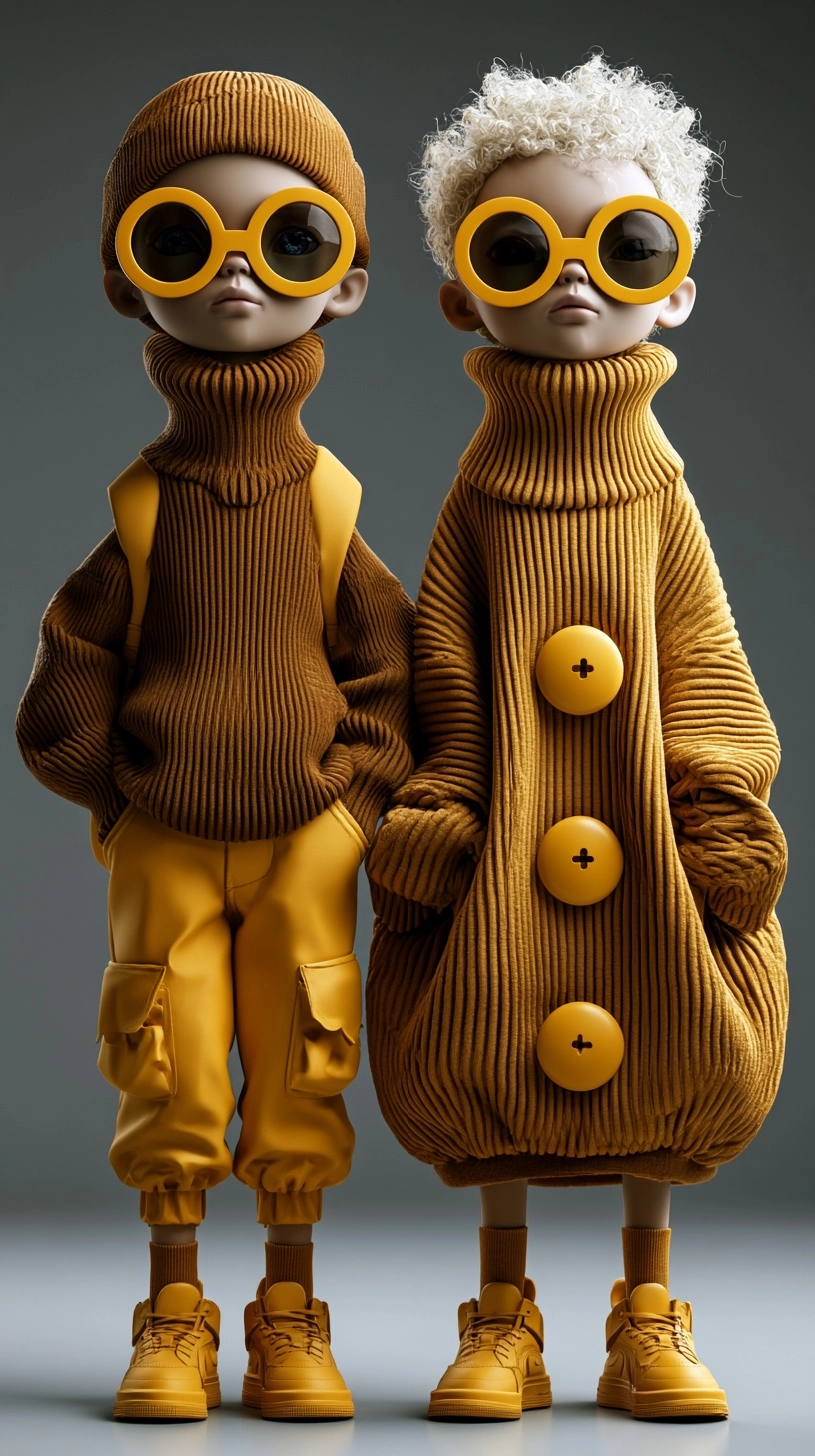 two stylized children characters standing side by side, minimalist designer toy aesthetic, soft matt