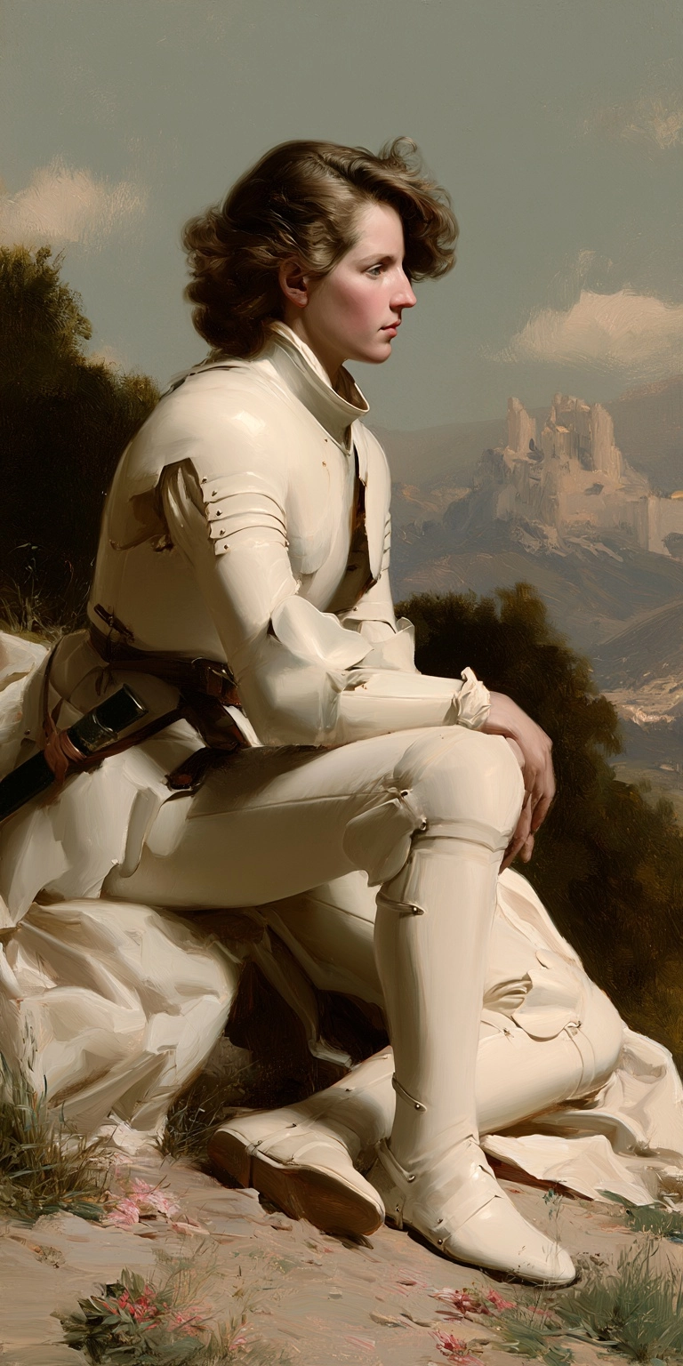 Melancholic portrait of a human warrior from Lord of the Rings universe, no helmet, old castle in th