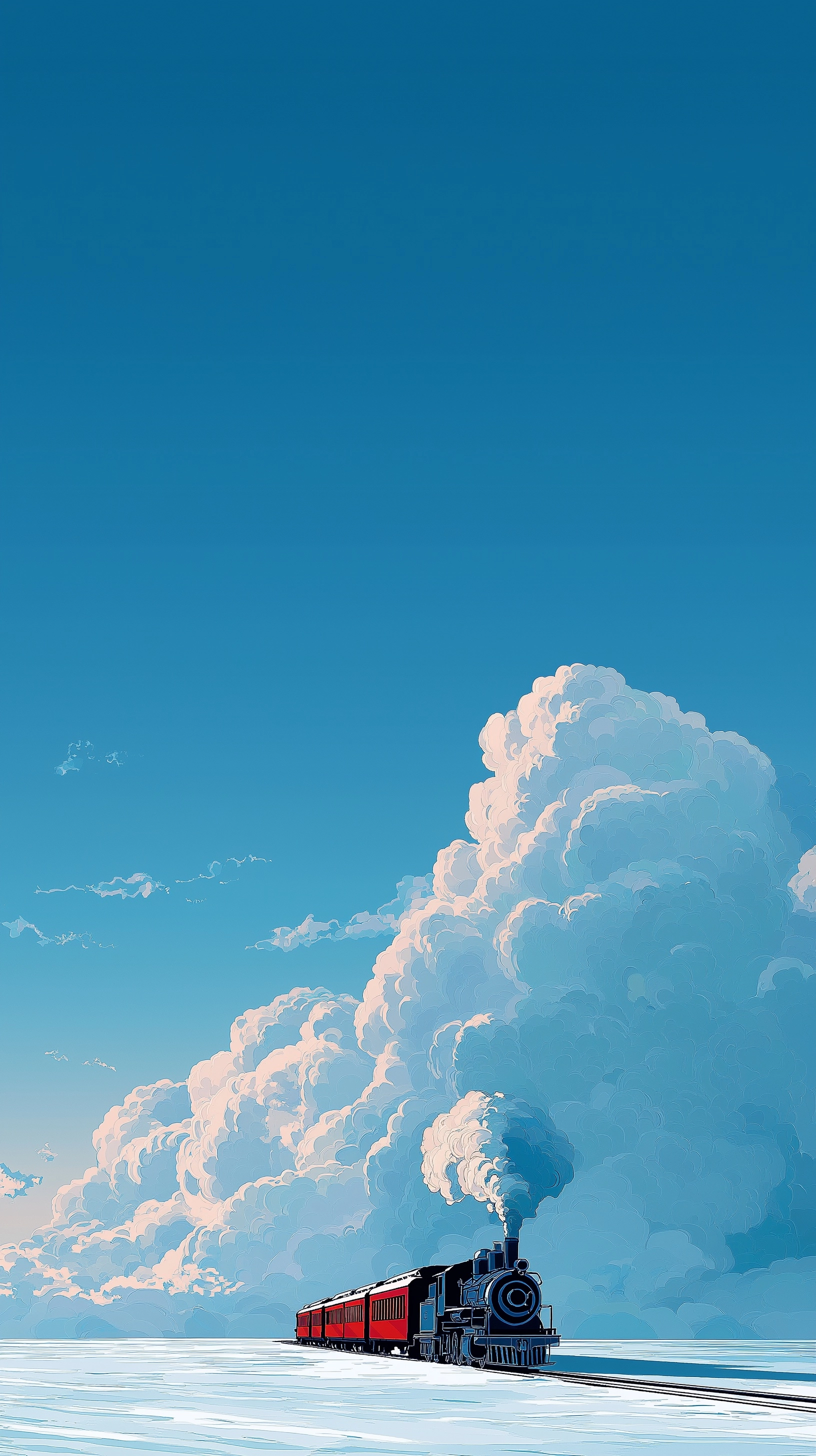 a train with smoke billowing from the chimney is running on snow, in the style of a minimalist style