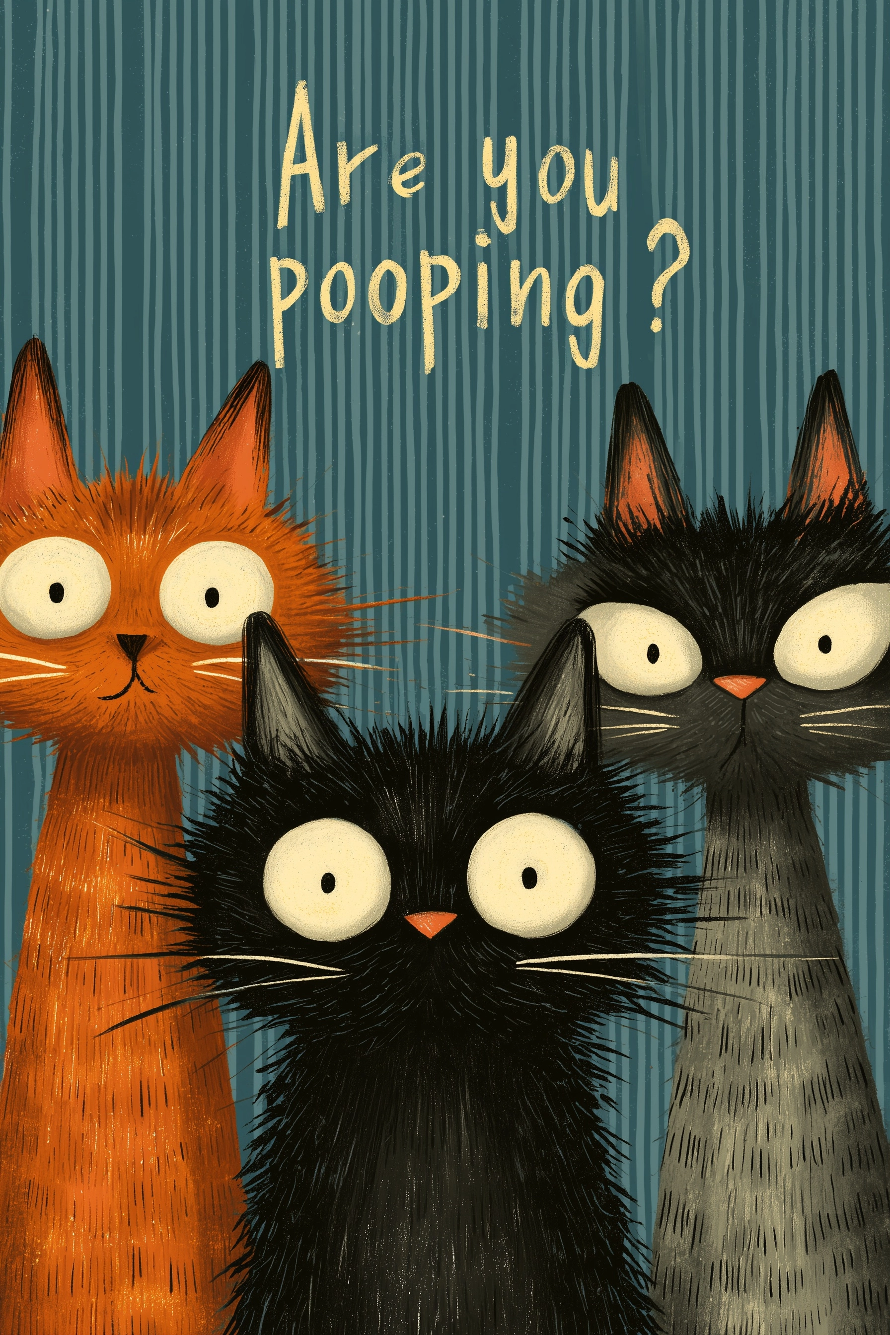 a whimsical illustration features three cartoon cats with a surprised look on their faces against a