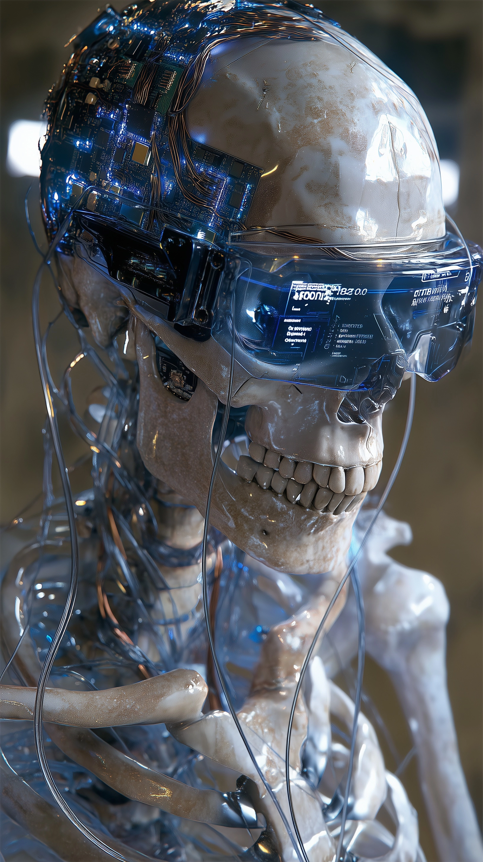 Give me a realistic, avant-garde, futuristic image of a skeleton made with microchips, cables, compu