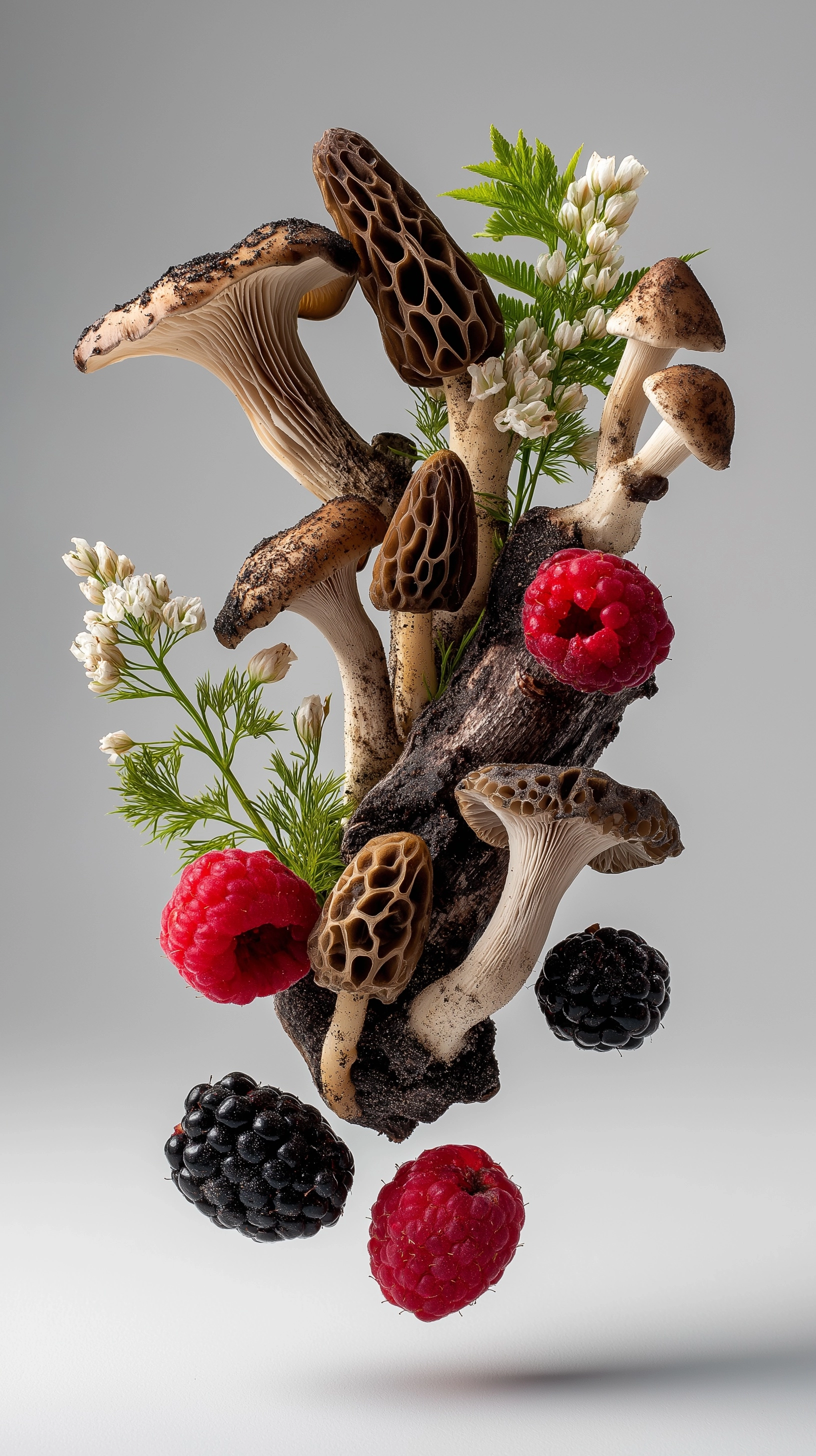 mushrooms, morels, juniper berries, maple blossom, fiddleheads, raspberries, blackberries floating i