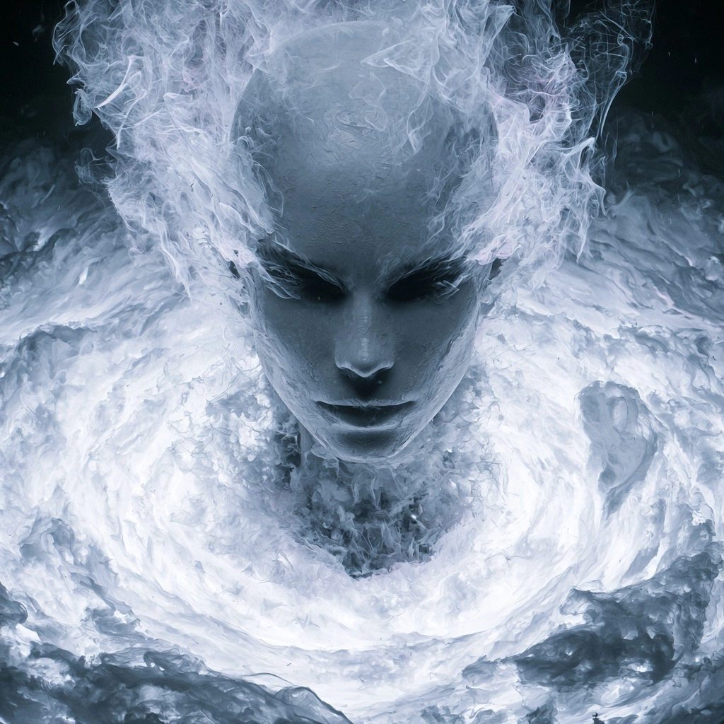a bald female AI avatar sinking into a maelstrom